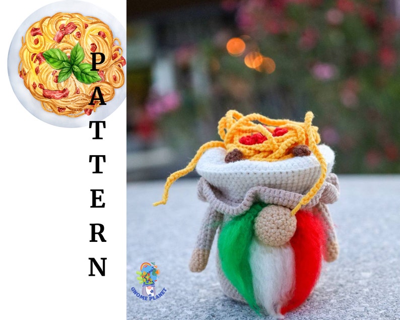 Crochet pasta gnome pattern, amigurumi Italian food gnome tutorial image 1