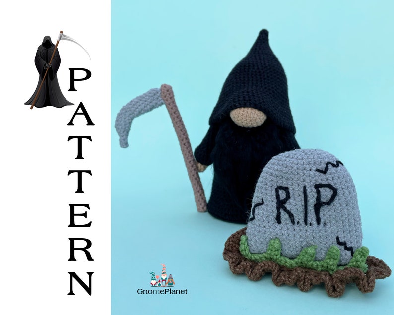 May include: Crocheted amigurumi Grim Reaper doll wearing a black robe and holding a scythe. The doll is standing next to a gray crocheted tombstone with the inscription "R.I.P."