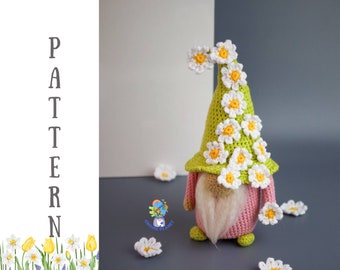 Crochet spring gnome pattern, amigurumi daisy gnome