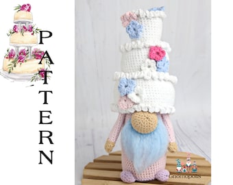 Crochet Cake gnome pattern, amigurumi wedding cake pattern