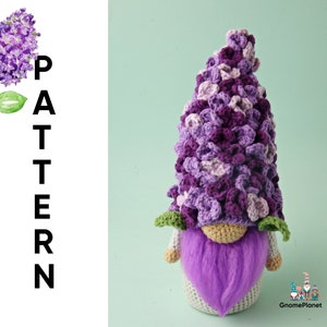 Crochet Lilac gnome pattern, amigurumi lilac flower gnome, garden gnome pattern
