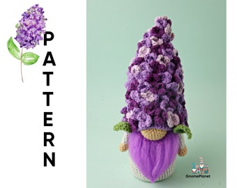 Patrón gnomo lila a crochet, gnomo flor lila amigurumi, patrón gnomo de jardín