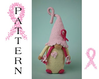 Breast cancer gnome crochet pattern, amigurumi woman gnome