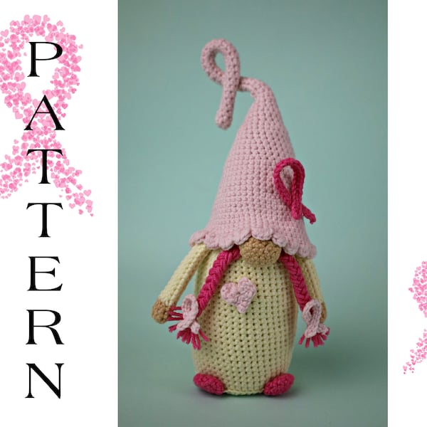 Breast cancer gnome crochet pattern, amigurumi woman gnome