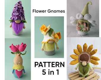 May include: A crochet pattern for five flower gnome amigurumi toys. The gnomes are wearing hats made of different flowers, including a lilac, a daffodil, a daisy, a tulip, and a sunflower.