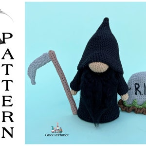 May include: Crocheted Grim Reaper gnome holding a scythe with a tombstone that reads "RIP" in front of it.