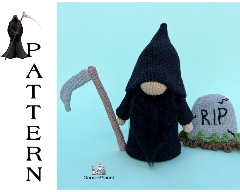 May include: Crocheted Grim Reaper gnome holding a scythe with a tombstone that reads "RIP" in front of it.