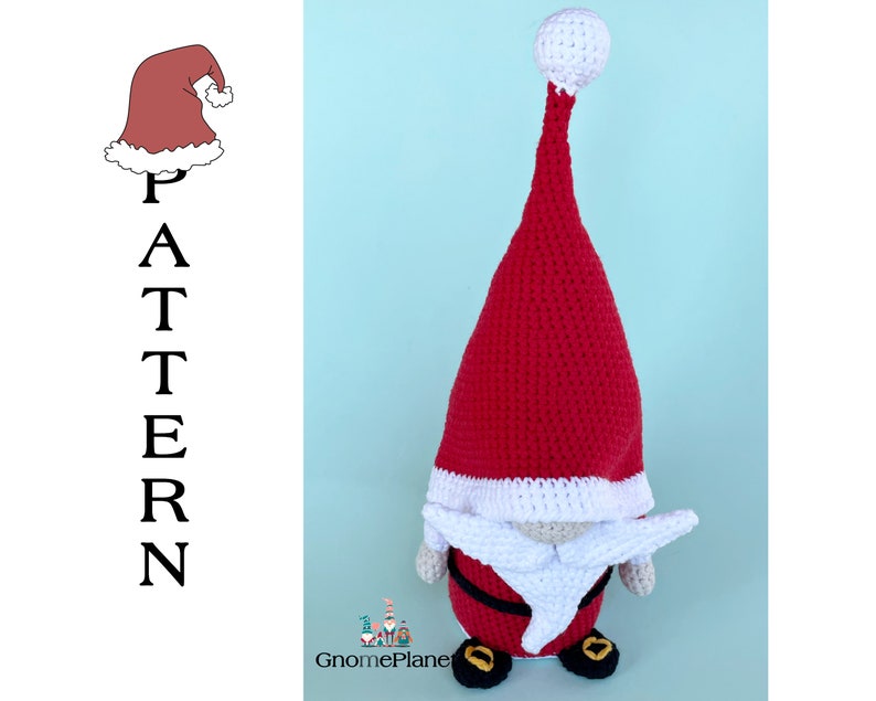 May include: A crocheted Christmas gnome with a red hat, white beard, and black boots. The gnome is standing on a light blue background.