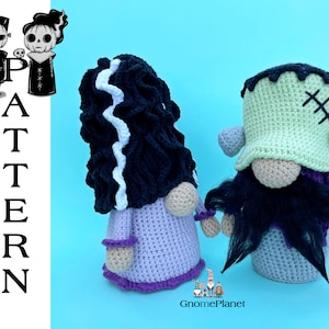 Halloween crochet gnomes 2 in 1, Frankenstein and the bride of Frankenstein gnomes, creepy crochet patterns