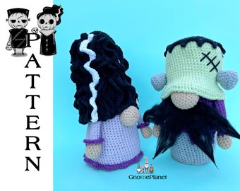 Gnomos de crochet de Halloween 2 en 1, Frankenstein y la novia de Frankenstein gnomos, patrones de crochet espeluznantes