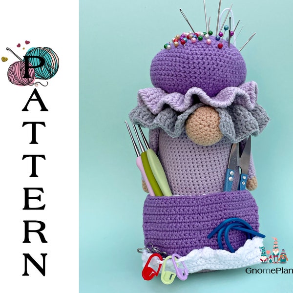 Crafter granny organizer gnome pattern, amigurumi tool holder gnome