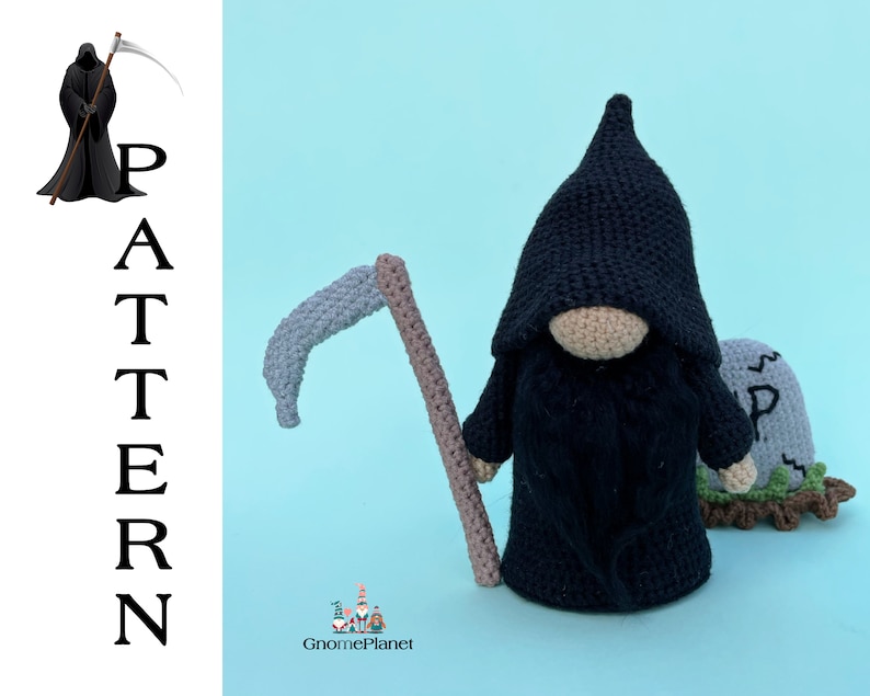 May include: Crochet pattern for a black gnome dressed as the Grim Reaper, holding a scythe and standing next to a small tombstone. The pattern is called "Grim Reaper Gnome".