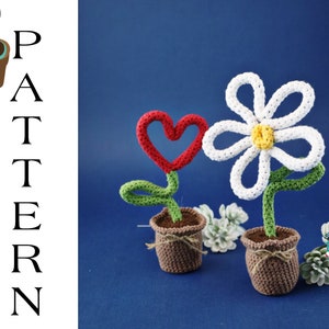 Può includere: Due piante in vaso all'uncinetto, una con un fiore rosso a forma di cuore e l'altra con un fiore bianco a forma di margherita. Entrambe le piante sono in vasi marroni con dettagli in corda.