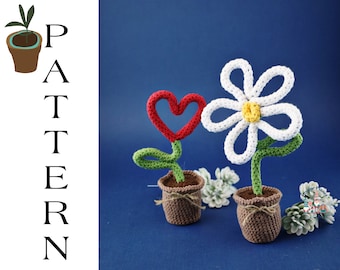 Crochet heart pattern, amigurumi flower in the pot pattern