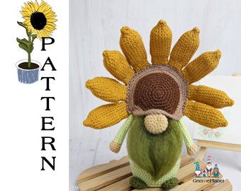 May include: Crocheted sunflower gnome with a green beard and a brown center. The gnome is wearing a yellow sunflower hat with brown petals.