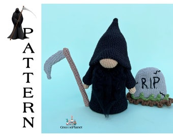 Patrón de gnomo de la parca a crochet, tutorial amigurumi del gnomo de la muerte de Halloween