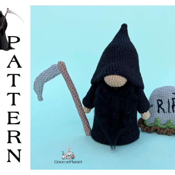 Crochet grim reaper gnome pattern, amigurumi Halloween death gnome tutorial