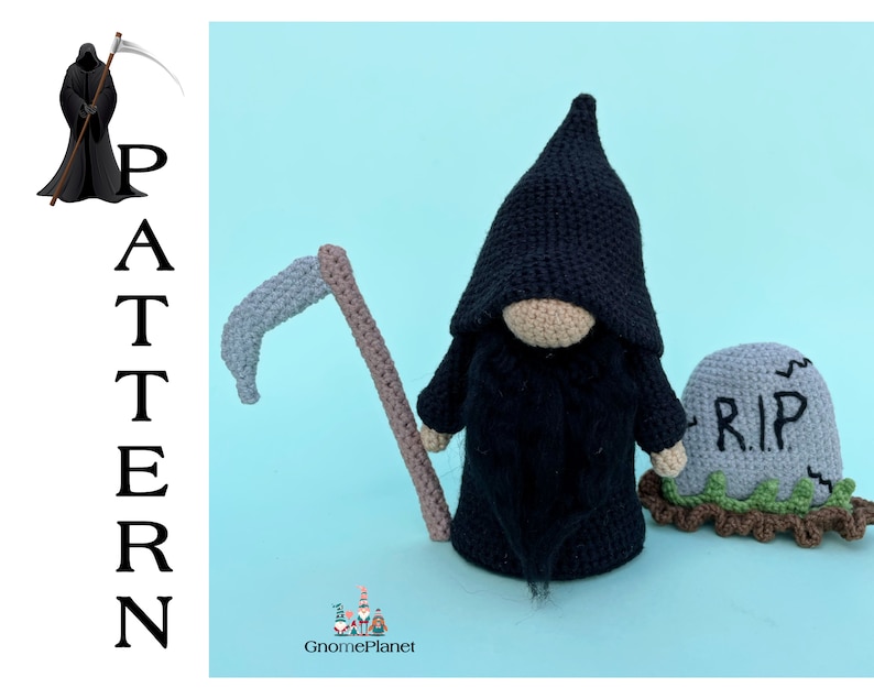 May include: Crocheted Grim Reaper gnome with a black robe, a gray scythe, and a gray tombstone with the inscription "RIP".