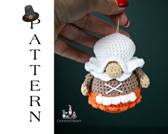 Female pilgrim keychain gnome pattern, crochet Thanksgiving keychain pattern