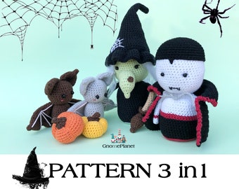 May include: Crochet pattern for three Halloween characters: a witch, a vampire, and a bat. The pattern includes instructions for making each character, as well as a spider web and pumpkins. The pattern is titled "PATTERN 3 in 1".