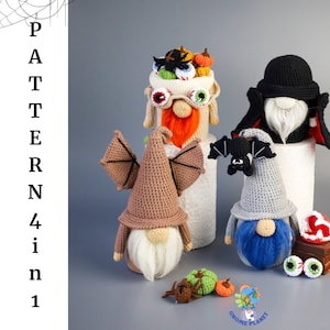 Crochet Halloween gnome pattern bundle 4 in 1, amigurumi horror gnomes