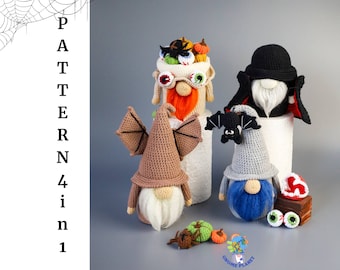 Crochet Halloween gnome pattern bundle 4 in 1, amigurumi horror gnomes