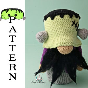 Crochet Frankenstein gnome pattern, amigurumi Halloween creepy gnome pattern