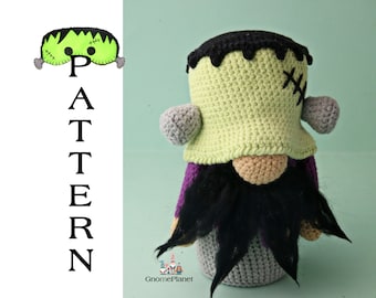 Crochet Halloween Gnome Pattern, Amigurumi Frankenstein gnome
