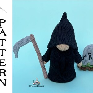 May include: A crocheted Grim Reaper gnome holding a scythe, standing next to a small gray tombstone with the inscription "RIP".
