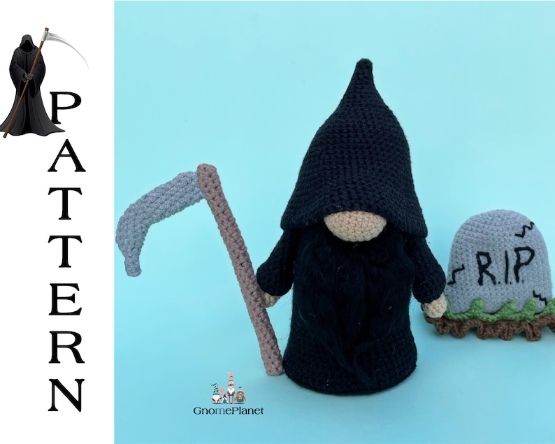May include: A crocheted Grim Reaper gnome holding a scythe, standing next to a small gray tombstone with the inscription "RIP".