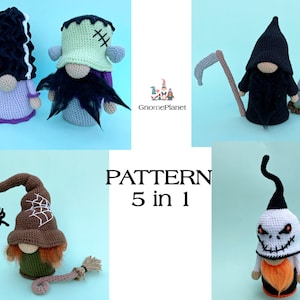 crochet horror gnome pattern set 5 in 1, amigurumi Halloween creepy gnome patterns