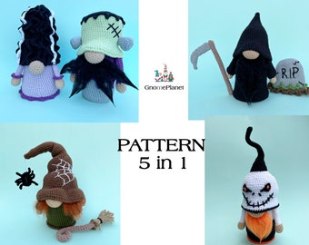 set di schemi per gnomi horror all'uncinetto 5 in 1, modelli di gnomi inquietanti di Halloween amigurumi