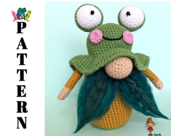 Crochet frog gnome pattern, amigurumi frog gnome pattern, frog plushie