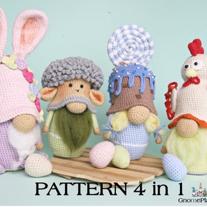May include: A crochet pattern for four amigurumi gnomes: a bunny, a sheep, a lollipop gnome, and a chicken gnome. The pattern is titled "PATTERN 4 in 1" and includes the name "GnomePlanet".