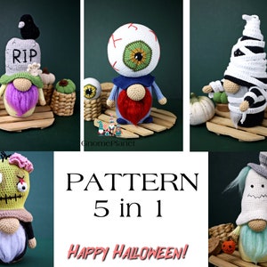 Crochet Halloween gnome pattern set 5 in 1, Crochet horror gnome set