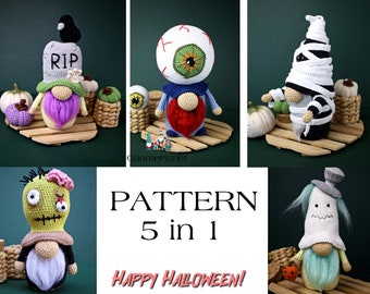 Crochet Halloween gnome pattern set 5 in 1, Crochet horror gnome set