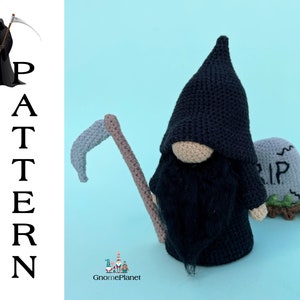 May include: Crocheted Grim Reaper gnome with a scythe and a tombstone that says "RIP".