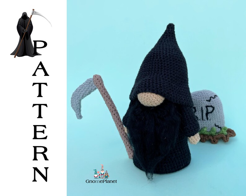 May include: Crocheted Grim Reaper gnome with a scythe and a tombstone that says "RIP".