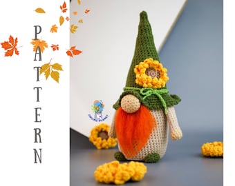 Crochet fall gnome pattern, amigurumi sunflower gnome