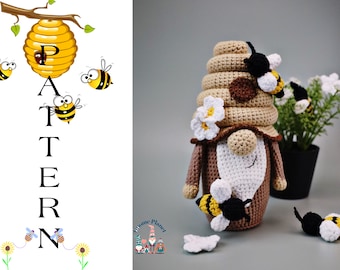 crochet beehive gnome pattern, crochet garden bumble bee gnome