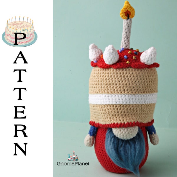 Cake gnome crochet pattern, birthday cake gnome crochet pattern