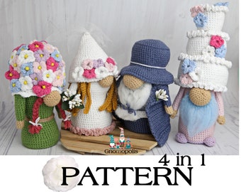 Crochet Wedding gnome set 4 in 1, amigurumi wedding pattern bundle