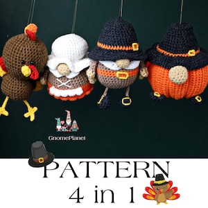 Crochet Thanksgiving keychain gnome patterns 4 in 1 set, crochet gnomes