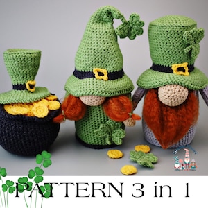 Puede incluir: Patrón de crochet para tres gnomos: un gnomo con un pote de oro, un gnomo tradicional y un gnomo con un trébol. El patrón se titula "PATTERN 3 in 1".
