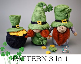 Crochet leprechaun gnome bundle 3 in 1, amigurumi good luck patterns