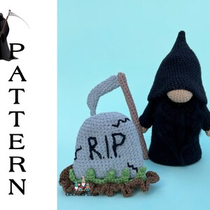 May include: Crocheted amigurumi Grim Reaper with a black hooded robe and scythe, standing next to a crocheted tombstone with the word "RIP" on it.
