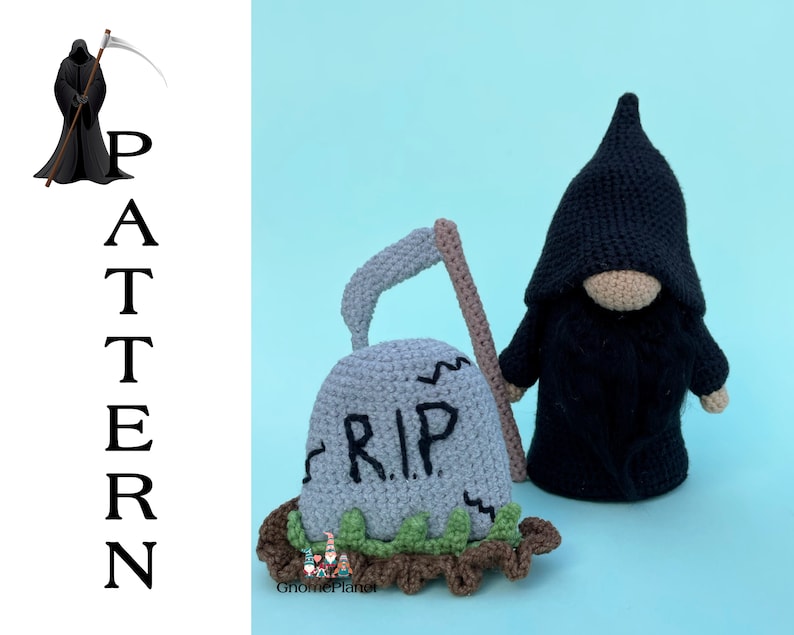 May include: Crocheted amigurumi Grim Reaper with a black hooded robe and scythe, standing next to a crocheted tombstone with the word "RIP" on it.