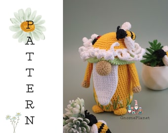 Crochet daisy gnome pattern, amigurumi garden gnome