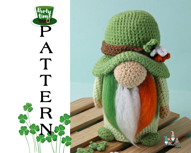 Crochet St. Patrick's Day leprechaun gnome pattern, good luck amigurumi pattern image 1