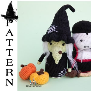 May include: Crochet amigurumi pattern for a witch and a vampire. The witch is wearing a black hat with a spiderweb design and a black dress. The vampire is wearing a red cape and has fangs. Both figures are holding pumpkins.